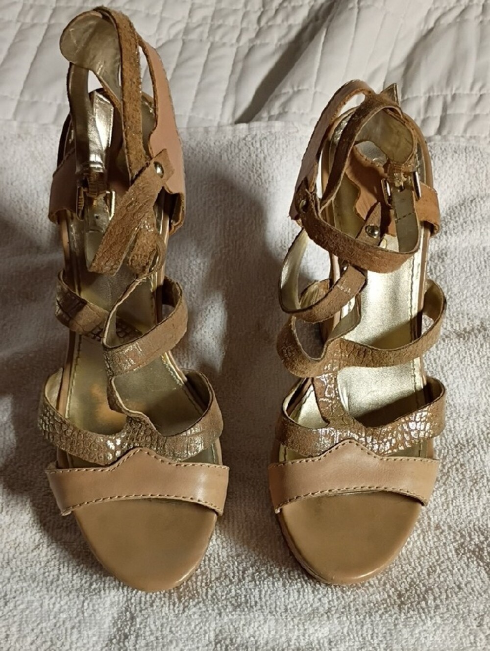 Guess Tan Cork Wedge Sandals with Strappy Ankle Wrap - Picture 3 of 7